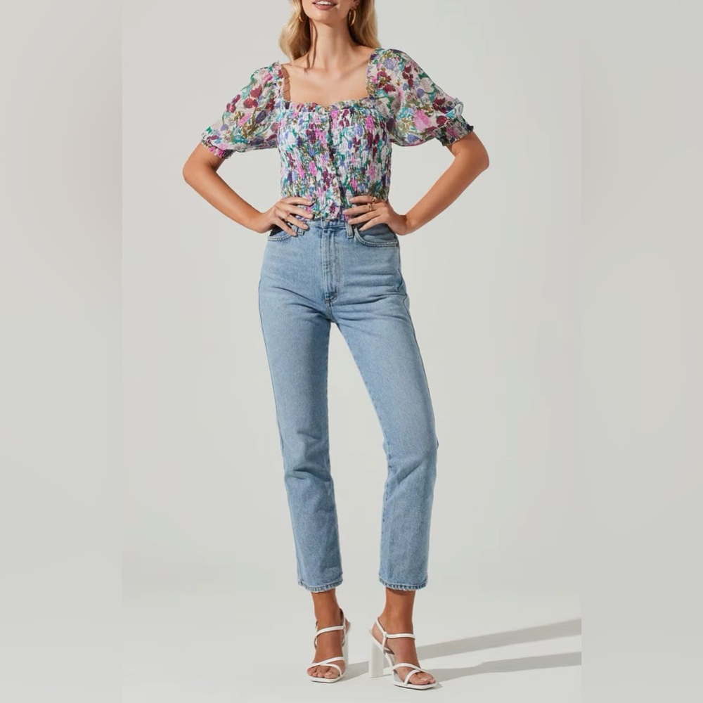 ASTR The Label Smocked Floral Crop Top Multicolor Puff Sleeve Ruffle | S - Picture 3 of 9